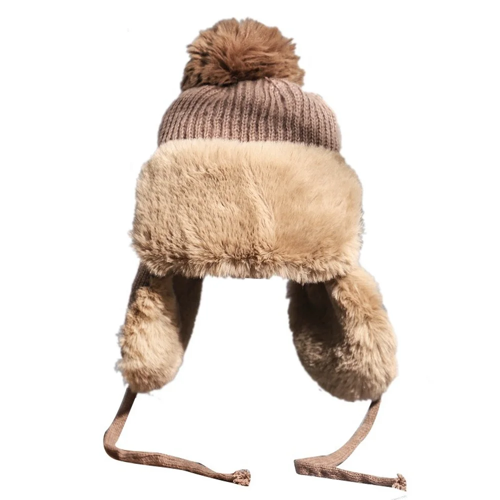

Pompom Knitted Hat with Ear Flaps Furry Women's Head Hood Cute Fur Ball Warm Winter Russian Ushanka Hat Luxury Cap Streetwear