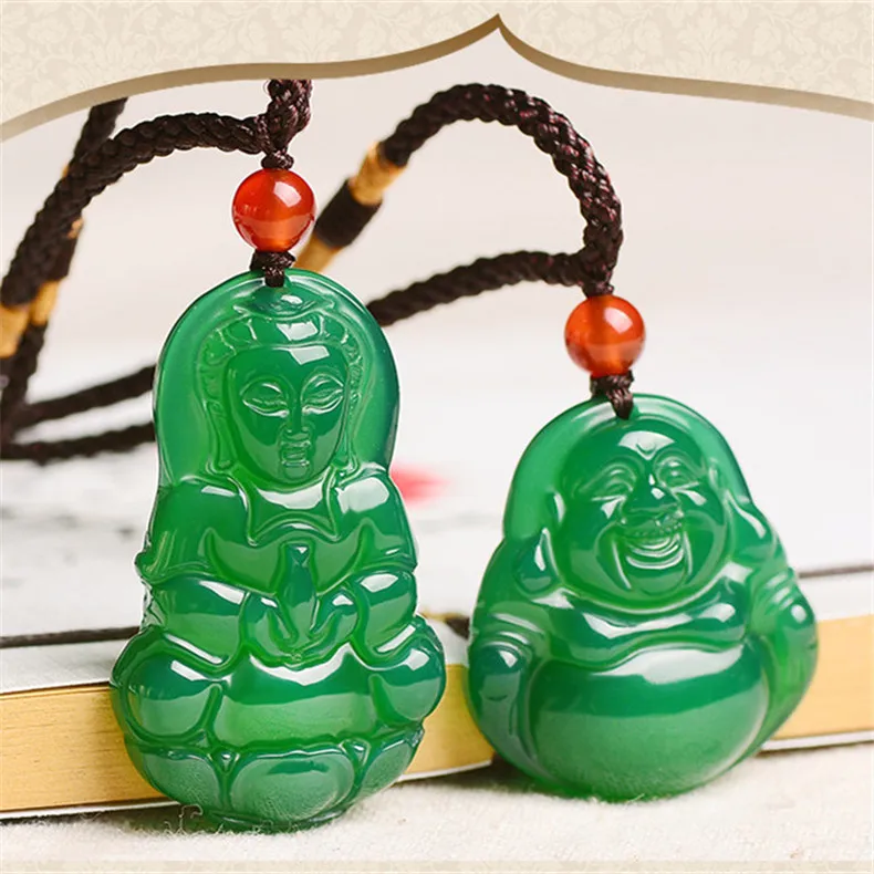 Натуральный зеленый агат нефрит Гуаньинь Буддизм Кулон Ожерелье Мужчины Шарм