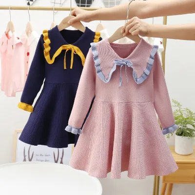 

Girls Knitted Dress 2021 New Spring and Autumn Baby Wood Ears Lapel Knitted Princess Dress Korean Style Sweater Dress 2-7 Years