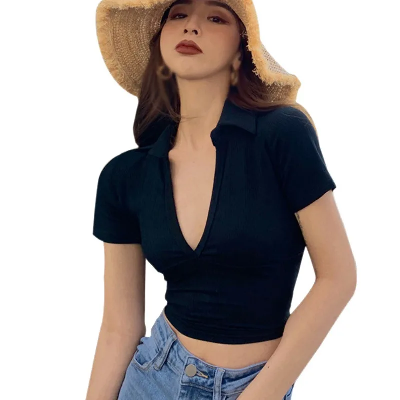 

Women's Solid V Neck Slim Tee Shirt Ladies Sexy Exposed Navel Knitted Short Sleeve T-Shirt Tops
