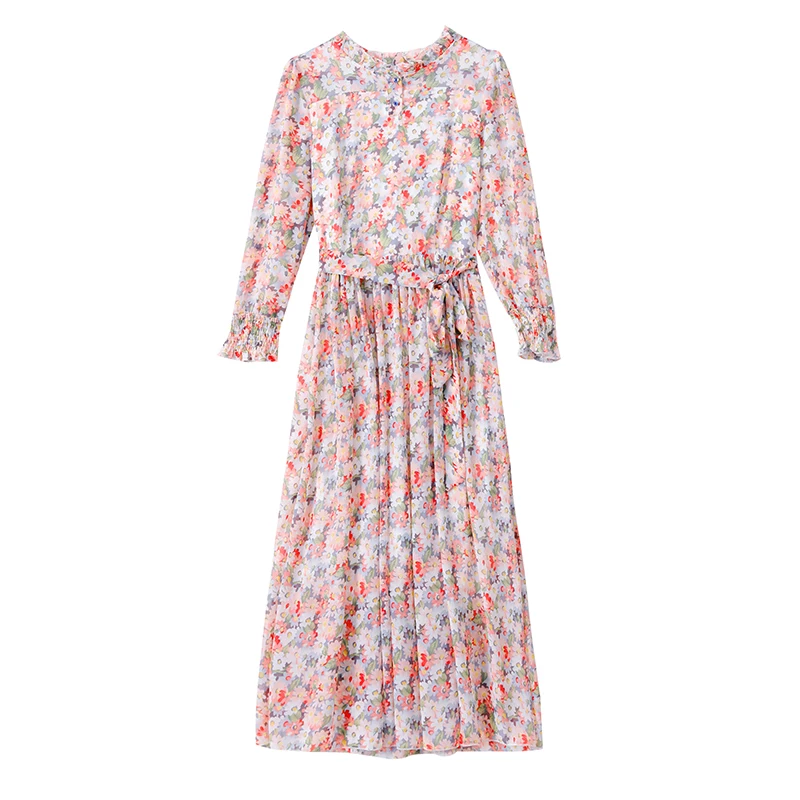 

2021 New Spring Autumn Women Long Sleeve Sashes Slim Long Dress Sweet Little Daisy Floral Chiffon Vacation Dress