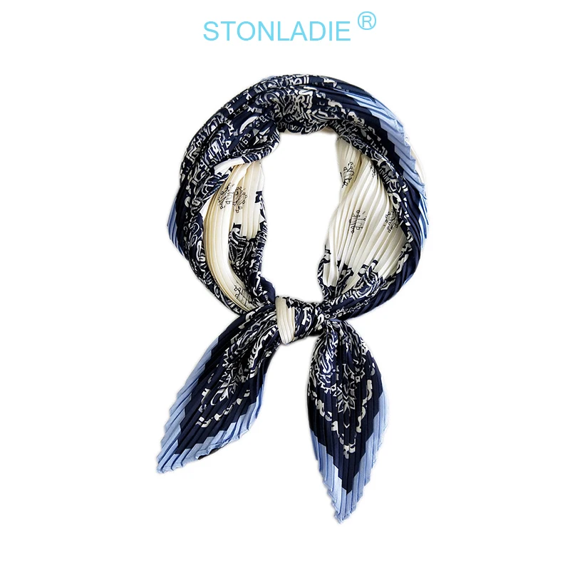 Spring New Designer Pleated Satin Silk Scarf For Women Euro Elegant Neckerchief Fashionable Printing Kerchief Tie Ladies |
