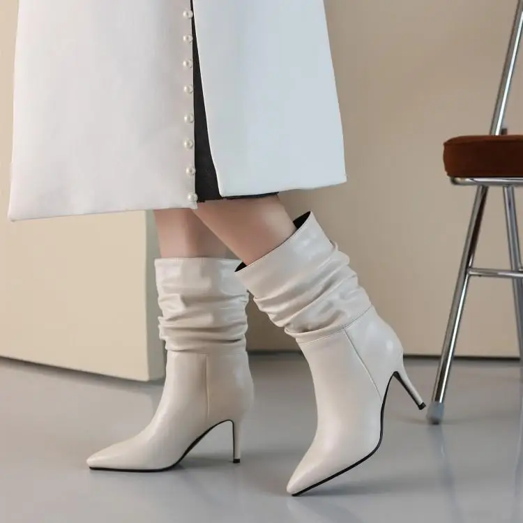 

Women's Mid Calf Boots Winter Footwear Female Shoes Boots-Women 2021 Ladies Autumn Rubber Large Size Pointy High Heel Pleated