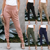 2021 summer new ladies fashion casual solid color high waist cropped trousers with slits polyester trousers fashion female pants