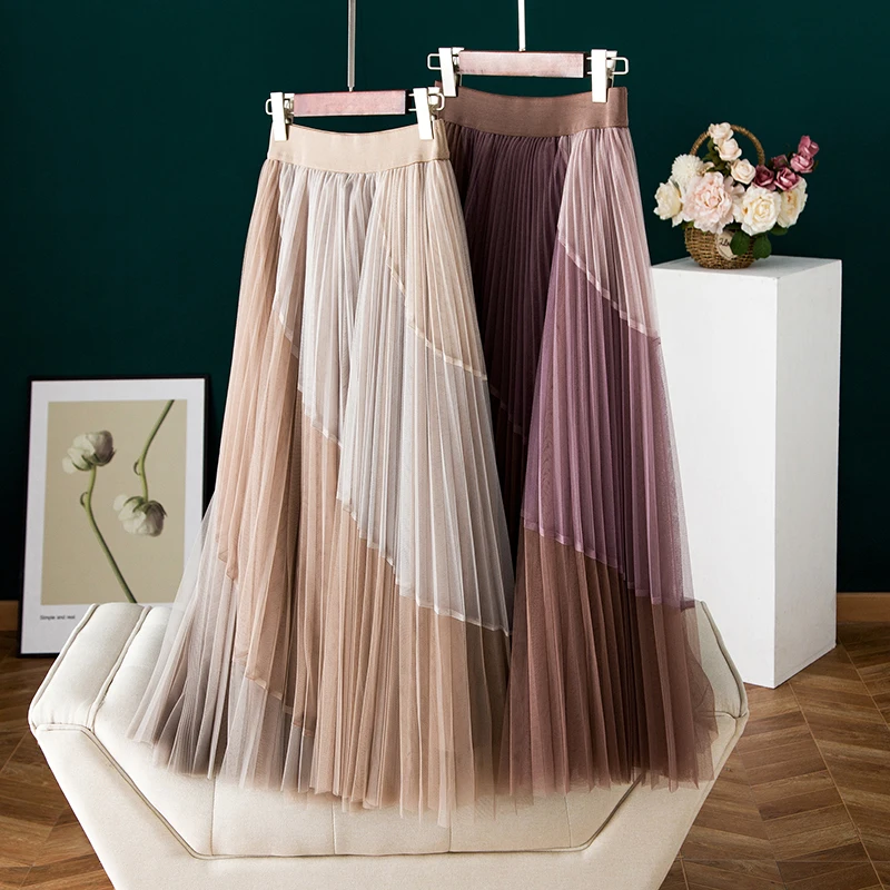 Фото - 4-color patchwork pleated mesh skirt elastic waist slim long A-shaped overskirt Mesh A-LINE Lace empire pleated mini skirt high waist mesh patchwork lace pleated skirt
