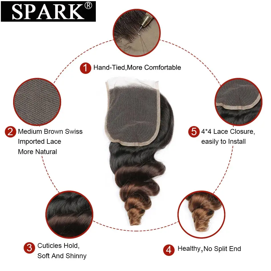 Spark Ombre пряди волос с закрытием бразильские Свободные волны Remy натуральные