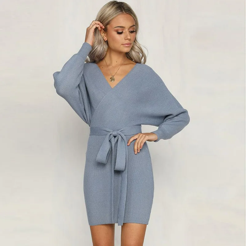 Новое Женское осенне-зимнее платье сплошной цвет вязания женское сексуальное