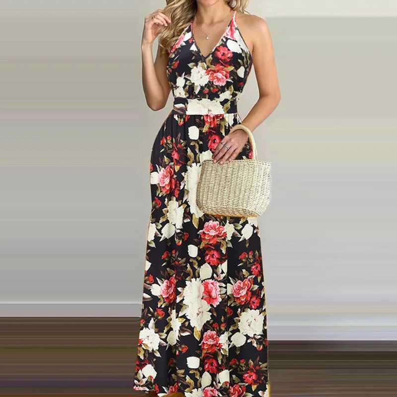 

Elegant Floral Print Boho Maxi Dress Women 2021 Summer Sexy-Neck Spaghetti Strap Party Dress Lady Sleeveless Beach Dress Vestido