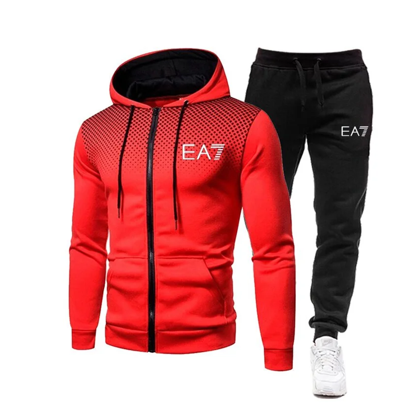 

2021 autumn and winter EA7 new men's printed zipper suit casual men's sports running hooded sweater sweater sweatpants