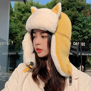 Unisex Women Warm Earmuffs Thicken Wool Ear-flapped Hat Winter Cold-proof Warm Cotton Hat Cat Ears C
