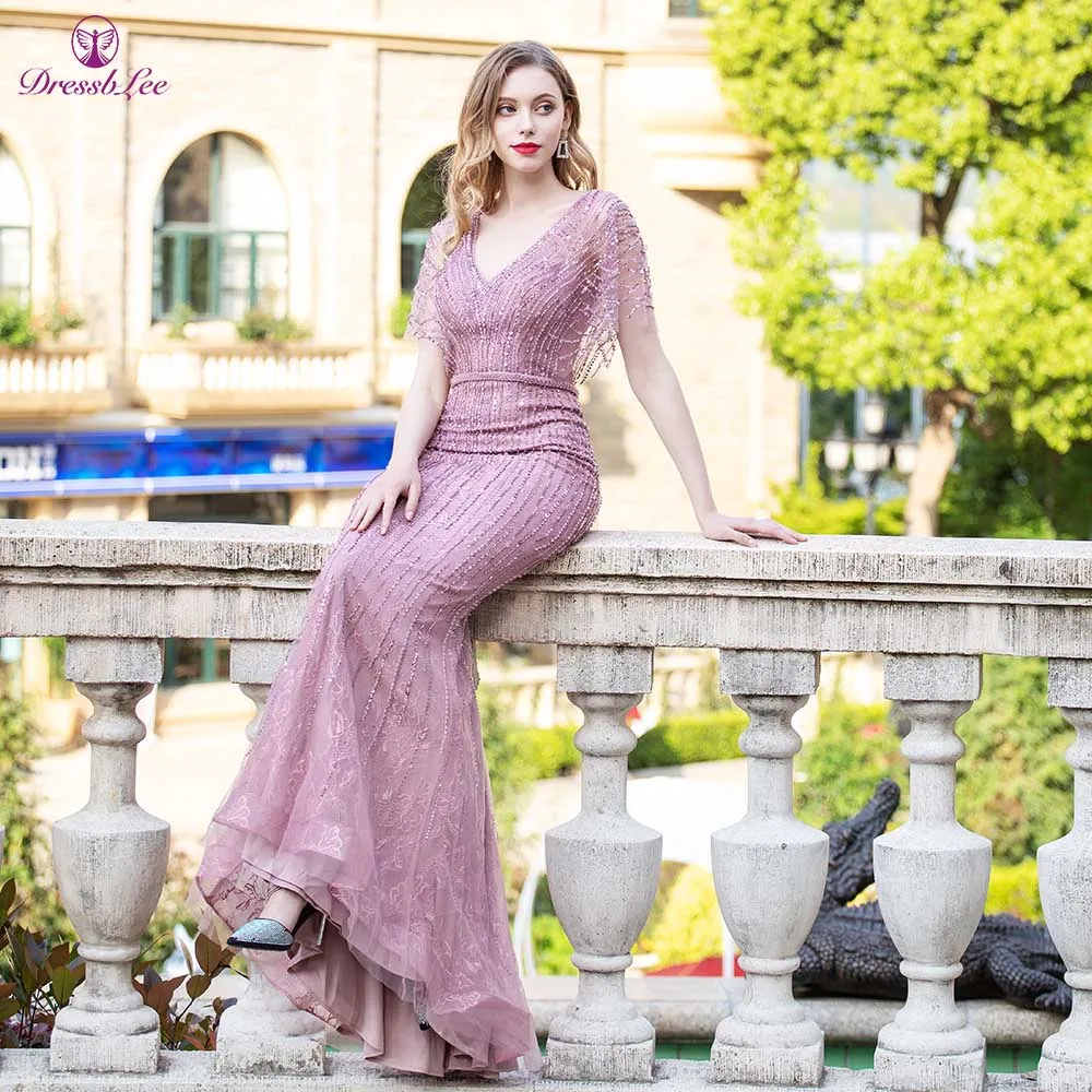 Sparkly Pink V-Neck Crystal Evening Dresses 2020 Half Sleeves Mermaid Sexy Elegant Formal Evening Dress robe de soiree