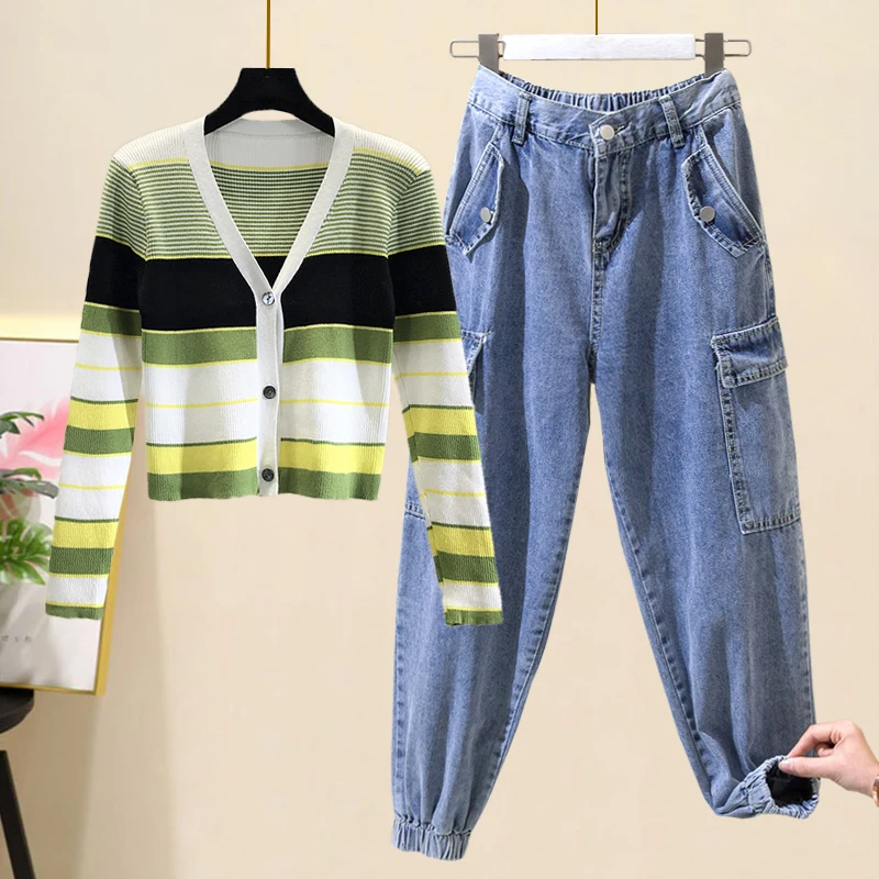 Женский костюм из двух предметов в Корейском стиле контрастный полосатый свитер