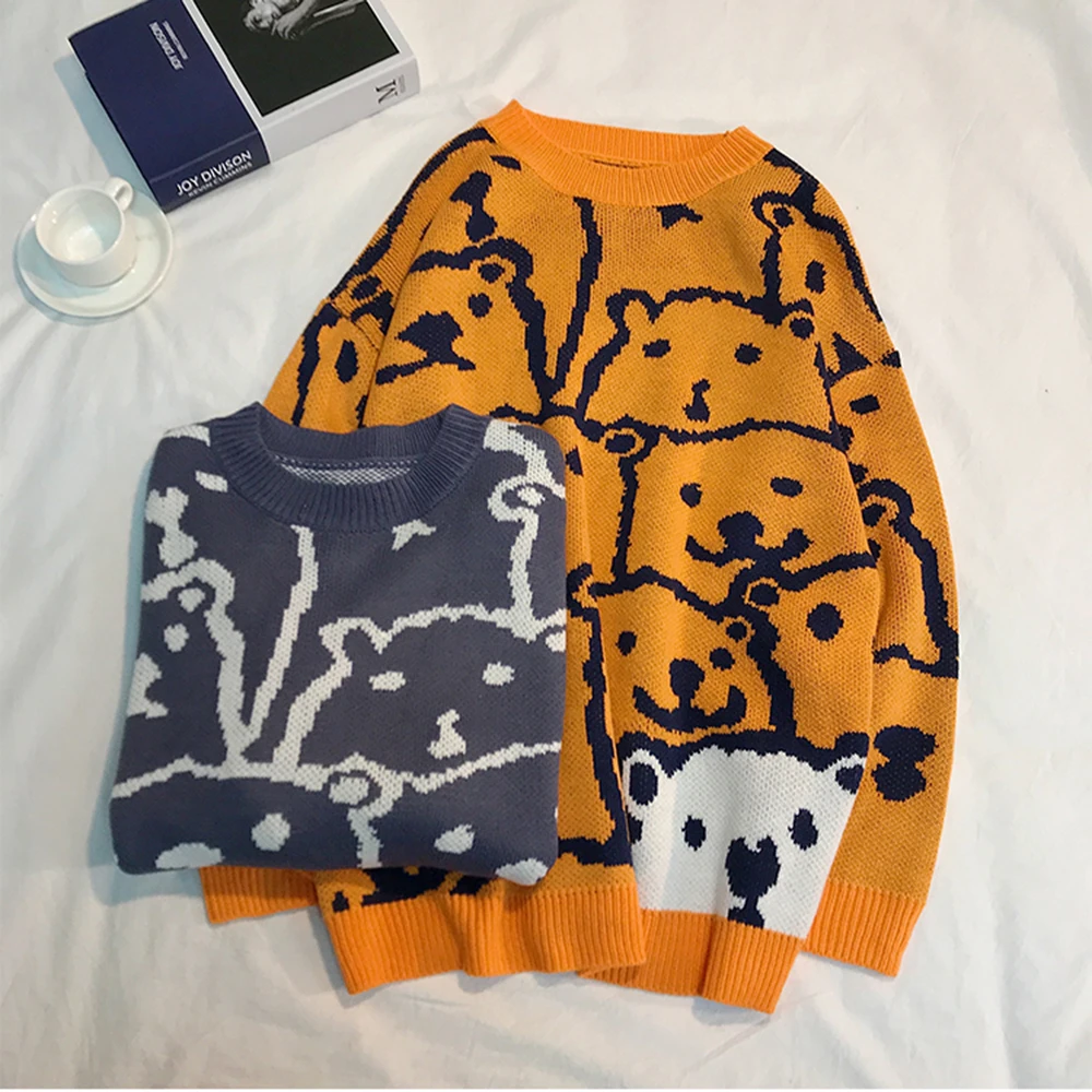 

sweater cartoon Bear knitted o neck Long Sleeve Pullover Kawaii Loose Casual Streetwear Tops 2020 new hit Long sweaters 3xl