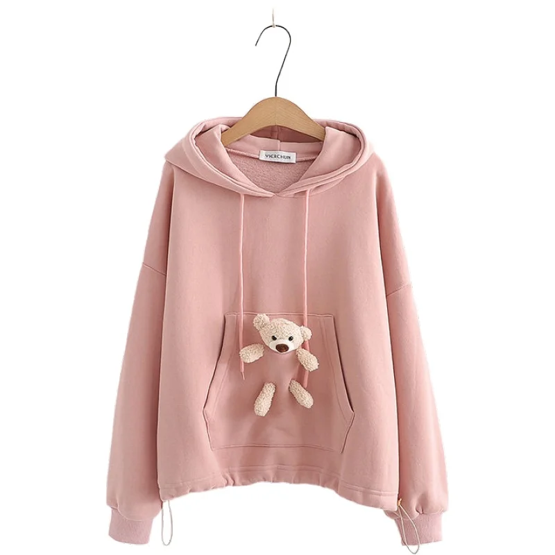 Women Solid Color Hooded Sweatshirt With Doll Bear Loose Plus Velvet Warm Hoodies 2020 Autumn Winter Sweet Style Girl Pullovers
