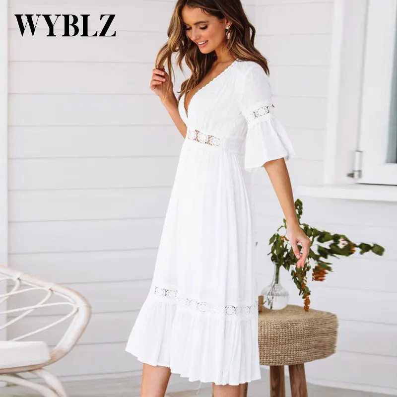 

WYBLZ Deep V-Neck Sexy Hollow Out Mini Dress Clothes Butterfly Sleeve Women Dress Summer 2021 Elegant Boho White Beach Dresses