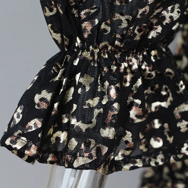 

VGH Vintage Printed Leopard Dress For Women Slash Neck Puff Sleeve High Wait Maxi Dresses Female Fashion New Clothing 2020 Fall