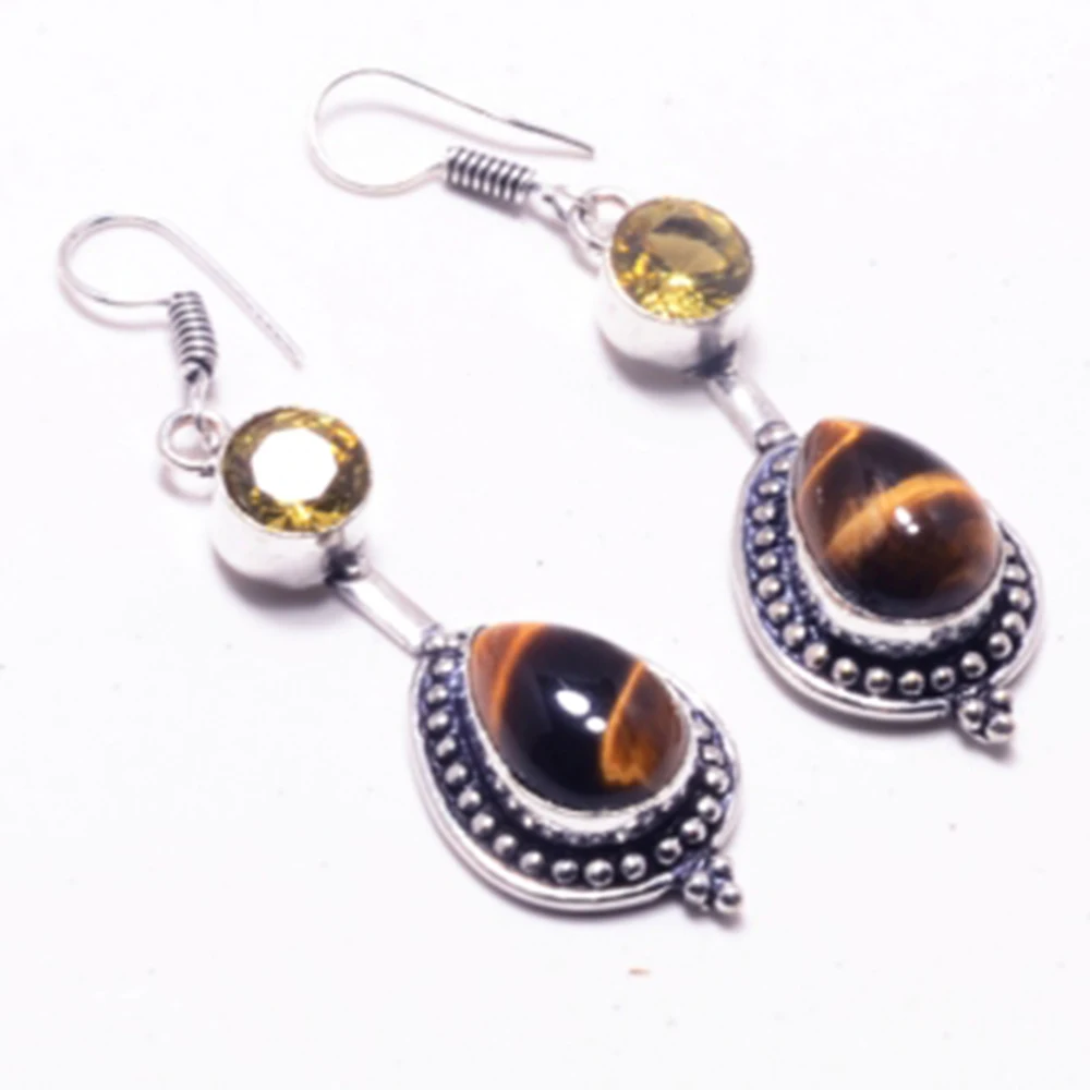 Серьги из натурального тигрового глаза и цитрина на медном покрытии ручная