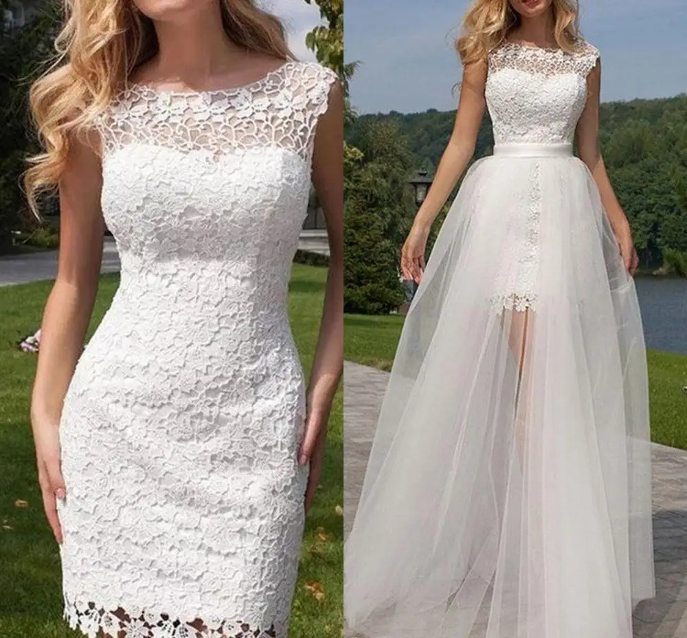 

Короткое свадебное платье-футляр со съемной юбкой, кружевной топ, садовый свадебные платья в стиле кантри, свадебные платья