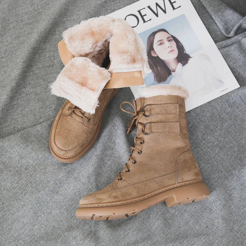 Женские зимние ботинки; нескользящие Полусапоги; Botas Mujer; теплая зимняя обувь до середины икры на платформе с толстым мехом; британский стиль; Цвет черный, бежевый