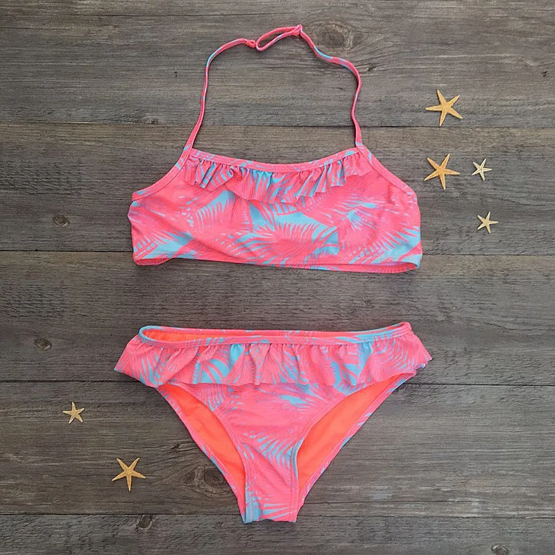 

2021 Girls' Swimsuit Printed Ruffled Children's Bikini Butterfly Leopard Leaf Printed Split Swimsuit Set Outdoor Water Sports