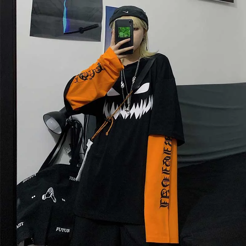 NiceMix Harajuku/футболка с принтом тыквы и буквами; Поддельные 2 штуки; Лоскутная Повседневная футболка с длинными рукавами; женская и Мужская Уличная одежда; топы