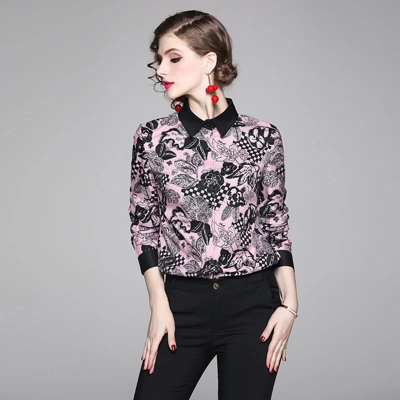 

2022 New Autumn Elegant Temperament Blouse Female Lapel Long-sleeved Blusa Retro Print Shirt DF516