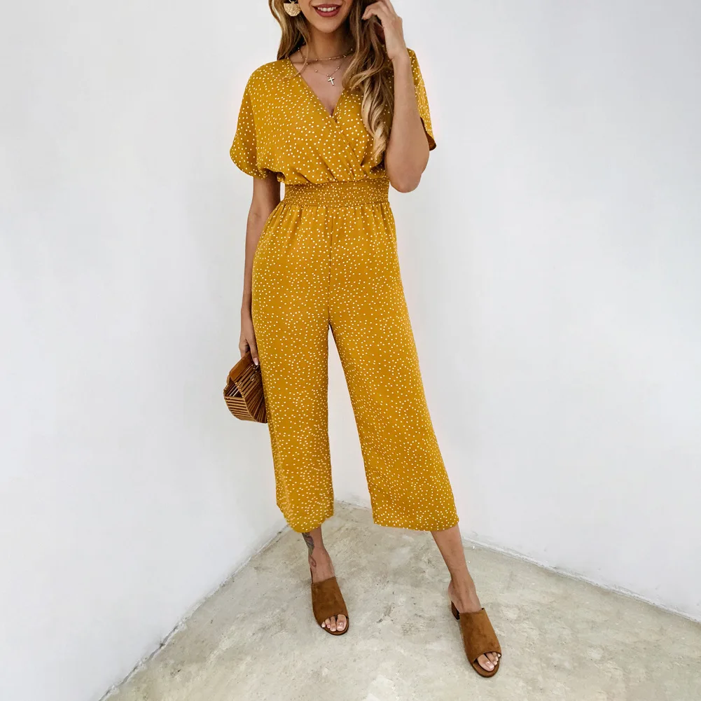 Women Polka Dot Jumpsuit High Waist Rompers Boho Yellow Short Sleeve V Neck Wide Leg Pants Pocket Summer 2020 Jumpsuits Ladies