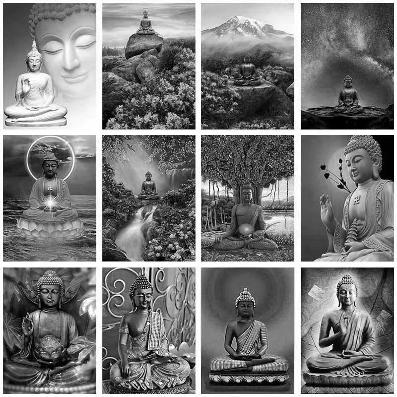 

Картина из страз "Религия Будды", черно-белая, вышивка крестиком, 5D картина, мозаика, квадратная вышивка, искусство, буддизм, Декор