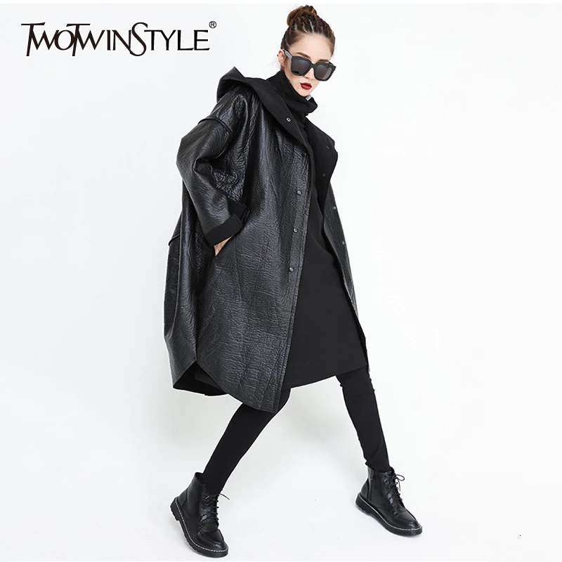 TWOTWINSTYLE свободный крой с капюшоном черная из искусственной кожи толстая большой