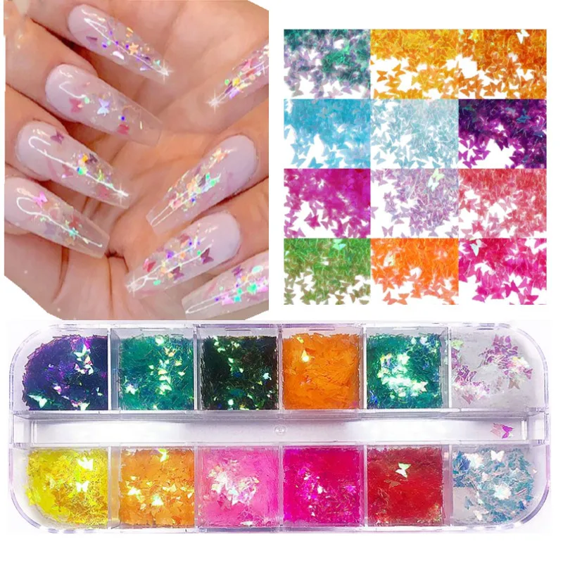 

12Grids Ultra-thin butterfly Glitter Shiny Translucent Nail Art Sequins Decoration Slicing Accessory Tool For Spring Nail Design
