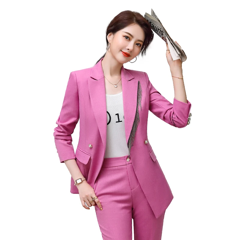 Lenshin High-quality Tassel Candy Color 2 Piece Evening Suit Set for Women Autumn Office Lady Work Wear Business Pant Suits