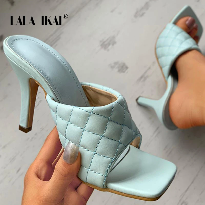 

LALA IKAI Women's Summer Stiletto Sandals Fashion Checkered Pattern High Heels Open Toe Ladies Shoes Large Size 2020 XWC10189-5
