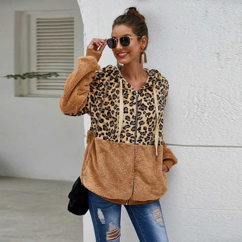 

Leopard Stitching Jacket Ladies Plus Velvet Short Sweater Hoodies Autumn Winter Casual Cardigan Harajuku Hat Sweatshirts 2021