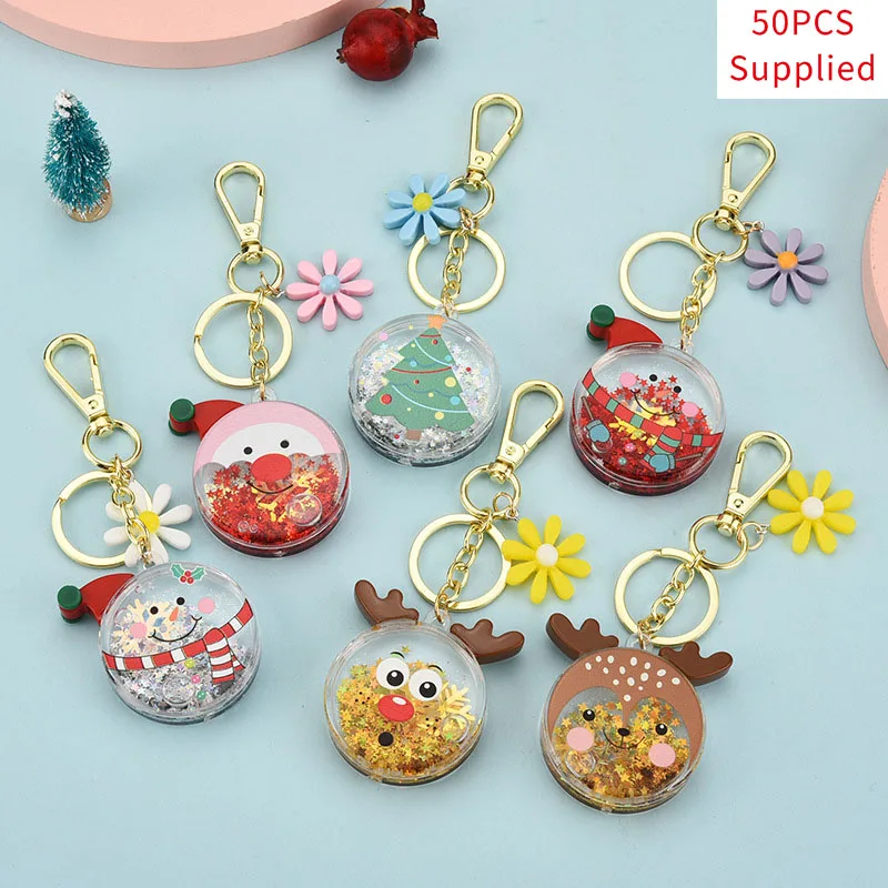 

50pcs Acrylic Christmas Decoration Tree Bell Snowman Keychains Alloy Lobster Buckle Clasp Charms Key Chains Jewelry Supplied