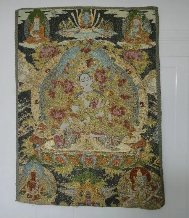 Коллекционная тибетская инкрустированный шелк танка рисунок белая статуя