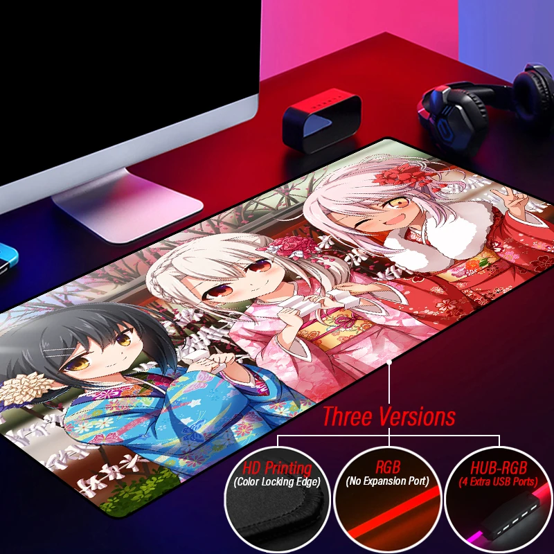 Симпатичный коврик для мыши Fate Kaleid с подкладкой для офиса светящийся Illya Miyu для девушек с концентратором USB 4 в 1 коврик для мыши RGB под заказ FGO Kawaii игровой коврик