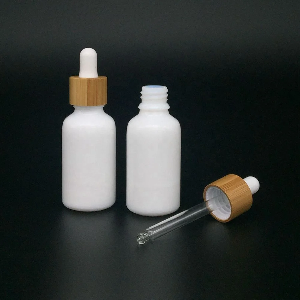 Wholesale Customized SkinCare White Porcelain Round Shoulder Dropper Bottle With Bamboo Lid Cap Essential Oil Perfumes Packaging