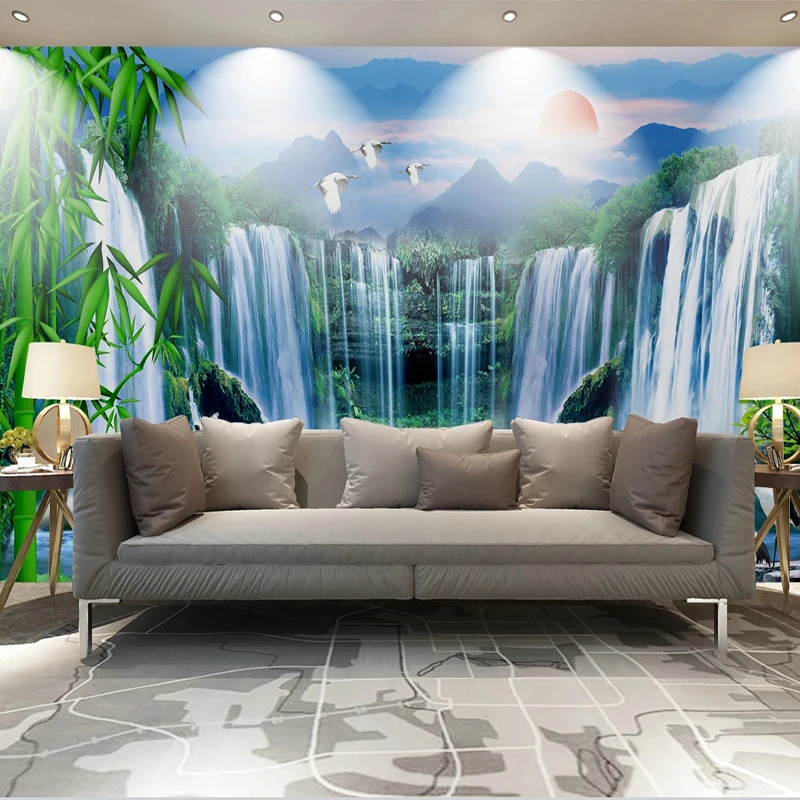 Пользовательские 3D обои водопад бамбук Лотос природа пейзаж Фреска Гостиная