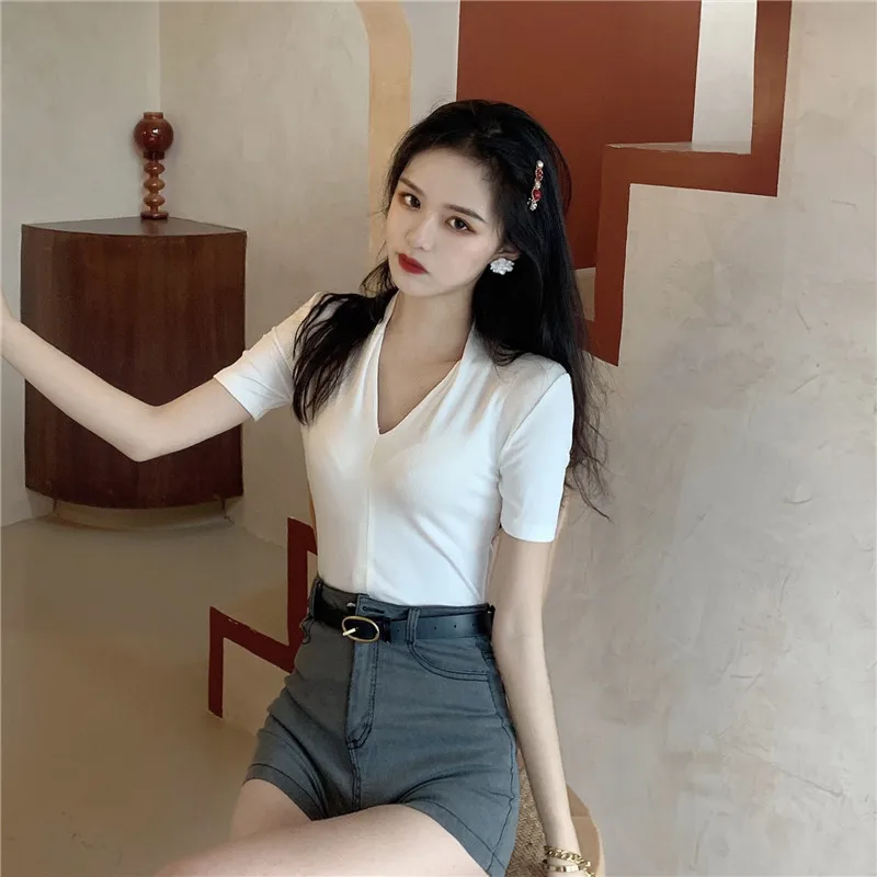 

Women's Short-Sleeved T-shirt 2021 Summer Chic Hong Kong Style Solid Color and V-neck Bottoming Shirt Sexy Tight Korean Style