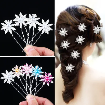 

6pcs Fresh Hairpin Plug Pin Alloy U-type Small Flower Women Hair Accessories Hair Stick Hair Ornaments For Bride Female