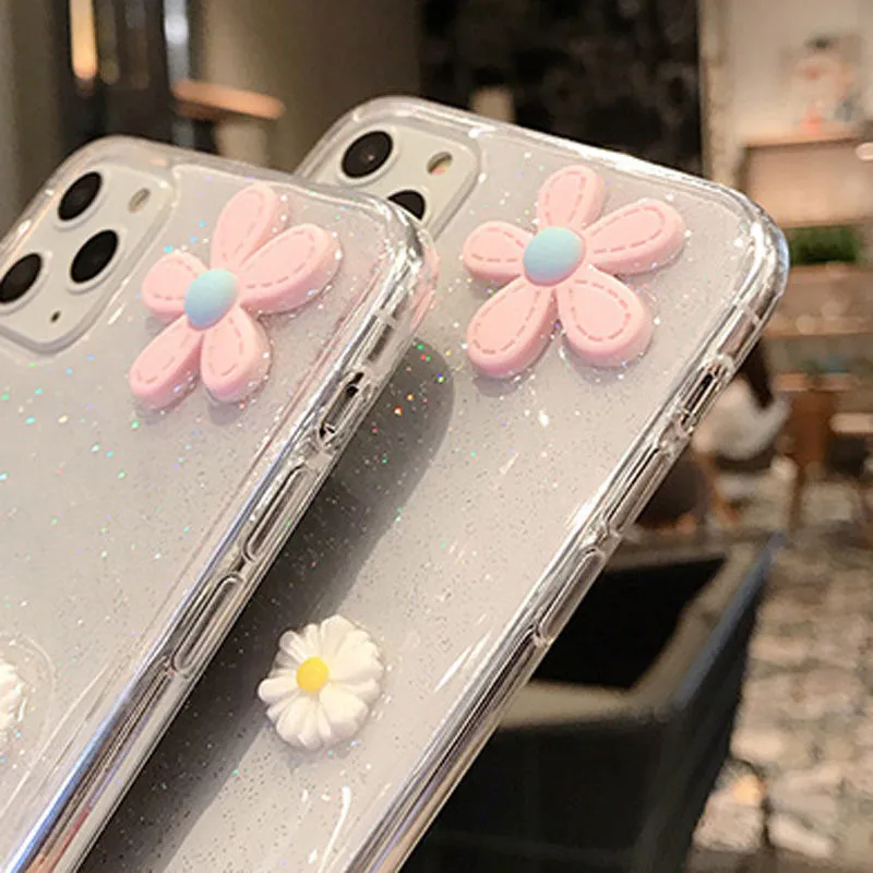 KJOEW 3D Daisy Flower Clear Phone Case For iPhone 11 Pro XS Max XR X 6 6s 7 8 Plus Epoxy Glitter Transparent Soft TPU Back |