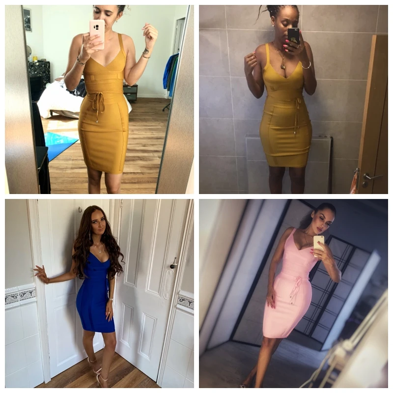 Олень леди Бандажное платье Новые поступления летние желтые Bodycon Платье V образным вырезом Спагетти ремень осень Бандажное платье Вечерние Для женщин