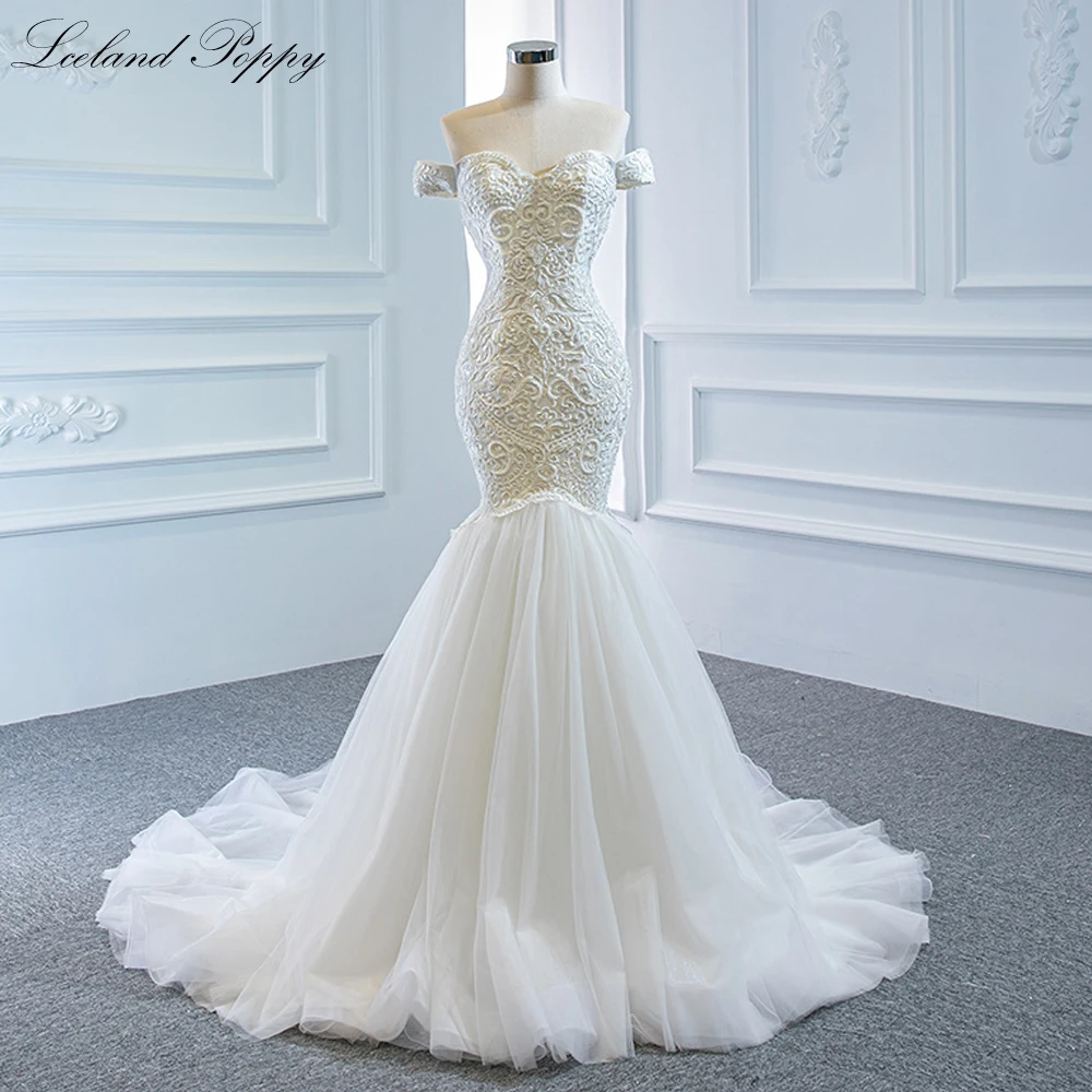 

Lceland Poppy Boat Neck Lace Mermaid Wedding Dresses Short Sleeves Floor Length Beaded Tulle Bridal Gown with Chapel Train