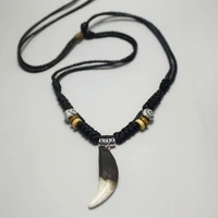 man choker fashion wolf tooth necklace black rope true teeth pendant