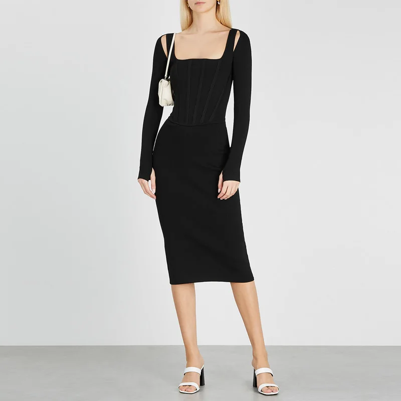 

Комплект из вязаного платья и короткого кардигана, облегающего черного цвета, без бретелек, короткий, 2021