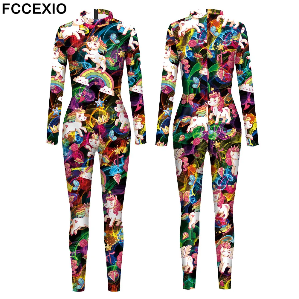 

FCCEXIO Smoke Unicorn 3D Print Fashion Women Jumpsuit Carnival Party Cosplay Costume Bodysuit Adults Onesie Skinny Outfits