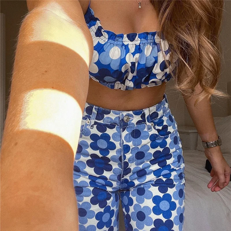 

Girls Y2K Blue Floral Crop Camisole Suit 2021 Summer Sexy Woman High Waisted Pant Suits Female Slim Print Backless Sets