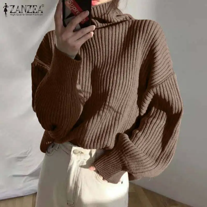 

Женская модная водолазка ZANZEA, однотонные джемперы с пышными рукавами, теплые пуловеры оверсайз на осень и зиму, Женский кофейный свитер