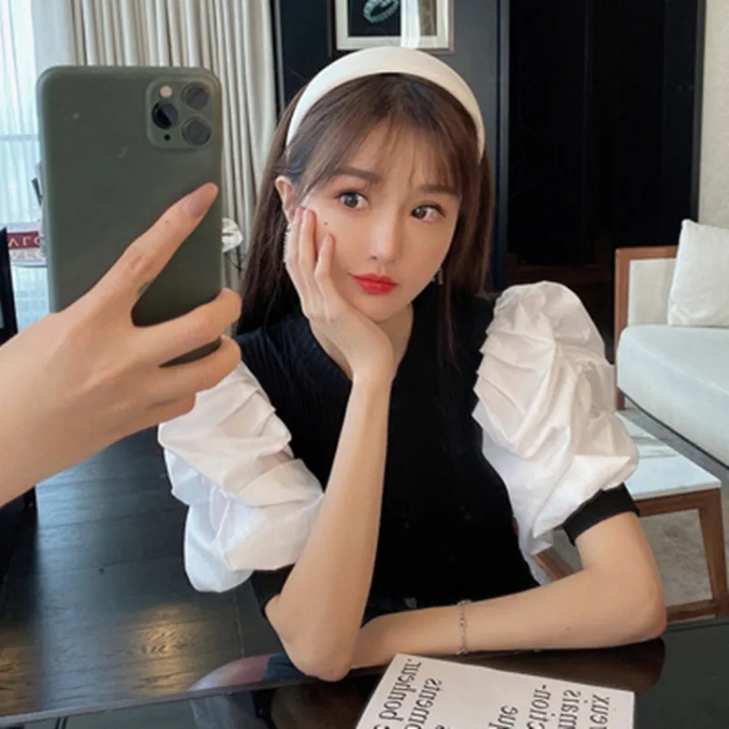 Женский эластичный пуловер с рукавами-фонариками модный вязаный Топ из поплина