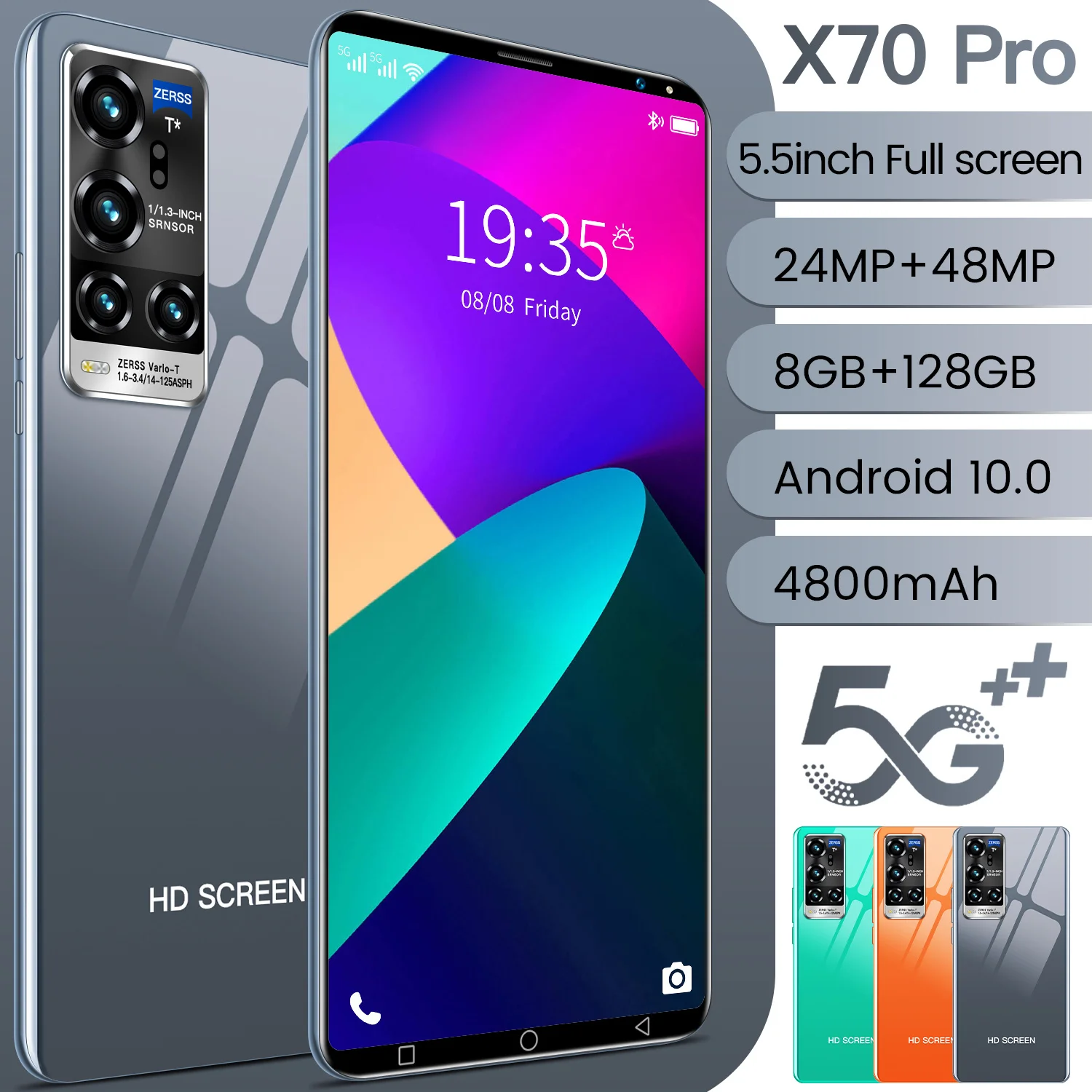

New Arrival X70 Pro 5.5Inch FullScreen 2021 8+128G 24MP+48MP 10Core Smartphone 5G MTK6595 Dual SIM 4800MAH Android 10.0